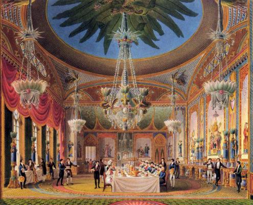 Sercvice à la russe im Banqueting Room des Royal Pavilion in Brighton, nach einer Skizze des Architekten John Nash,1826. Quelle: Wikipedia