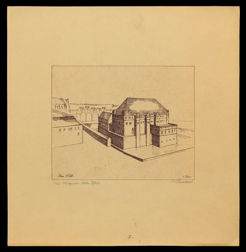 Das Alte Schloss um 1558, Planzeichnung von E. Schwaderer LABW-Hauptstaatsarchiv Stuttgart N 200 Nr. 89-2.jpg (c) lizensiert via Wikimedia unter der Creative-Commons-Lizenz „Namensnennung 4.0 international