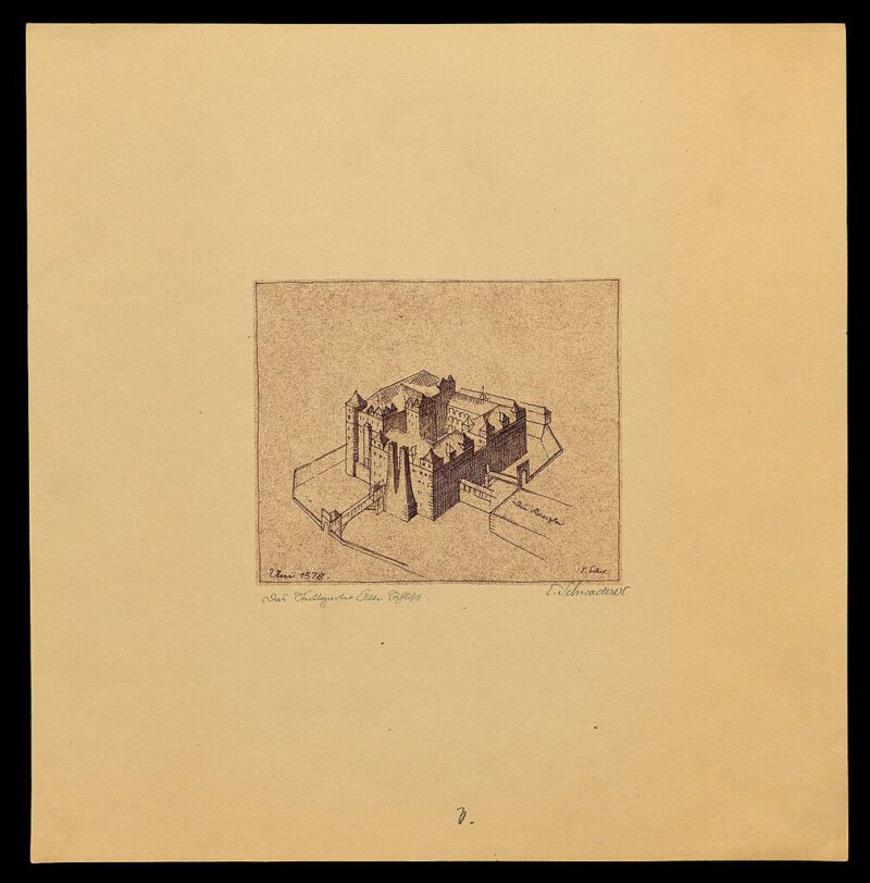 Das Alte Schloss um 1578, Planzeichnung von E._Schwaderer LABW-Hauptstaatsarchiv Stuttgart N 200 Nr. 89-3.jpg (c) lizensiert via Wikimedia unter der Creative-Commons-Lizenz „Namensnennung 4.0 international“